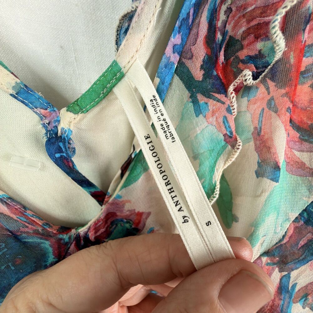 anthropologie floral ruffle mini dress ivory multicolor romantic boho v neck s - Picture 6 of 8